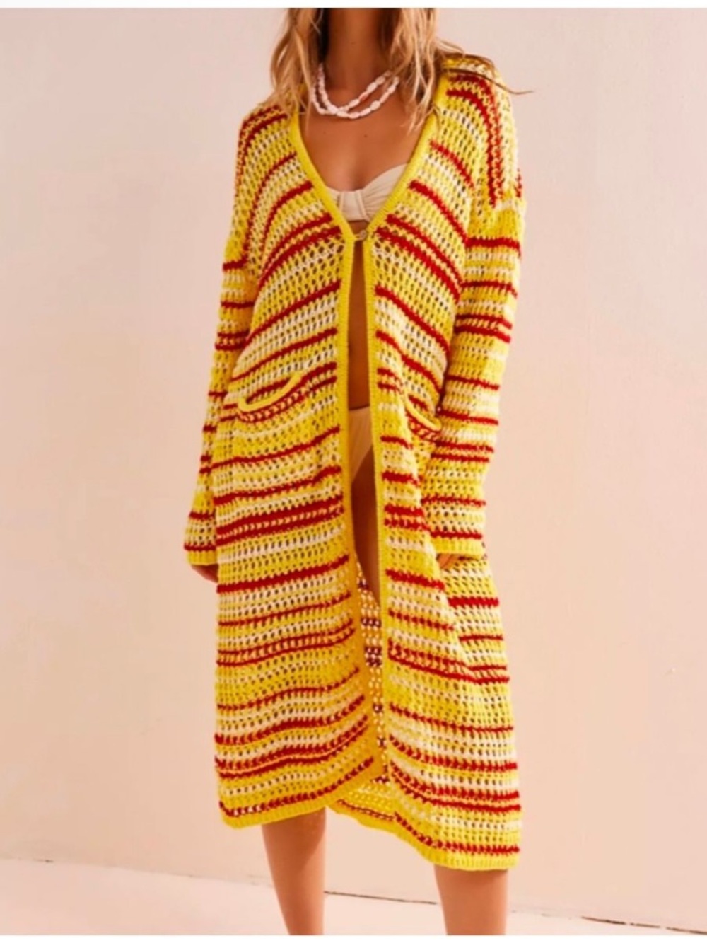Few People Colette Striped Yellow & Red Crochet Swim Coverup Cardigan